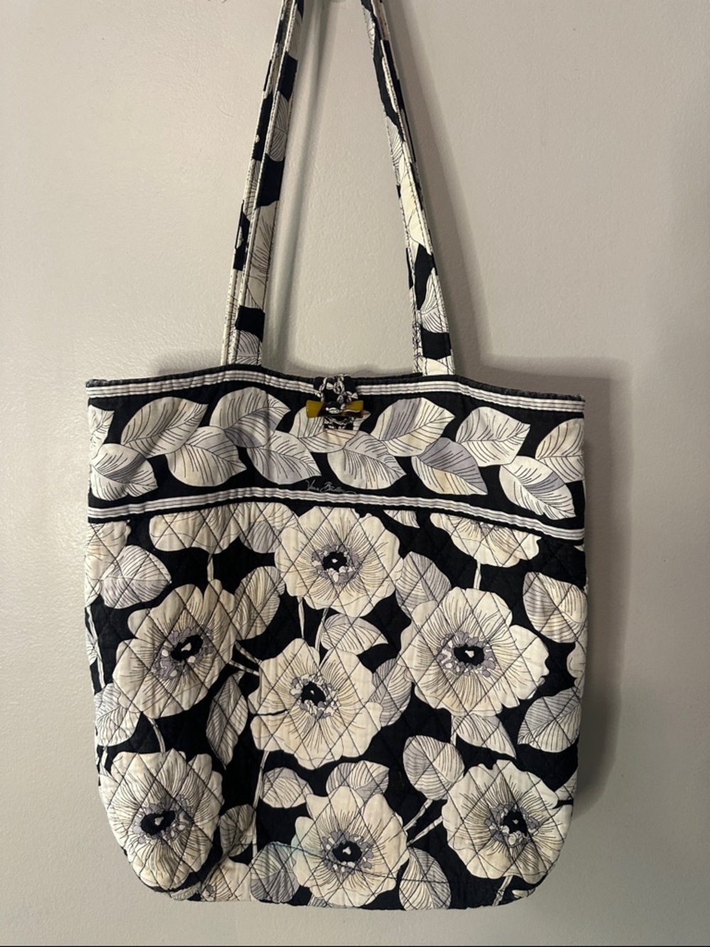 Retired Black and White Floral Camellia Quilted Tote Bag
